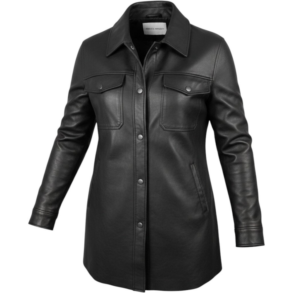 Rebecca Minkoff Women Jacket M Black Faux Leather Edgy Snap Front Shacket‎ Coat